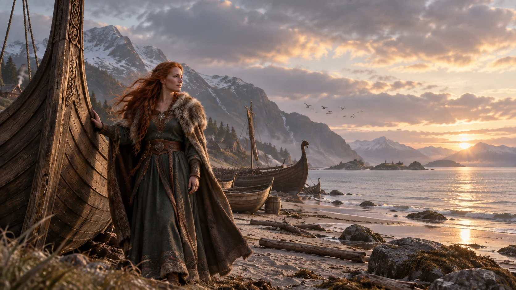 A Nordic woman beside wooden boats on the shore of a quiet fjord, with mountains and a soft evening sky.